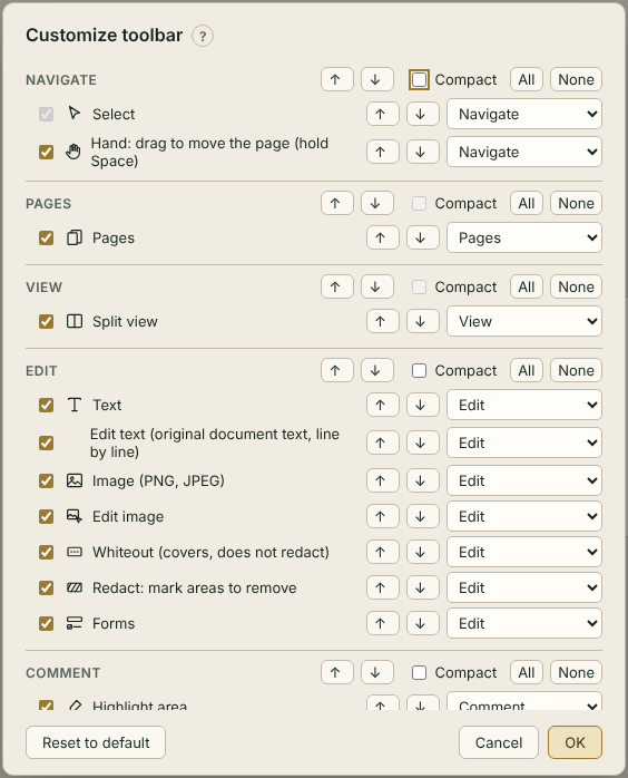 The Customize toolbar dialog