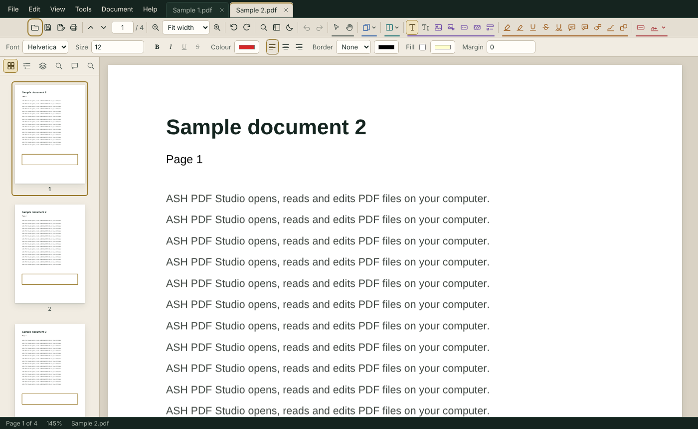 ASH PDF Studio main window with the toolbar, a document and the comments panel