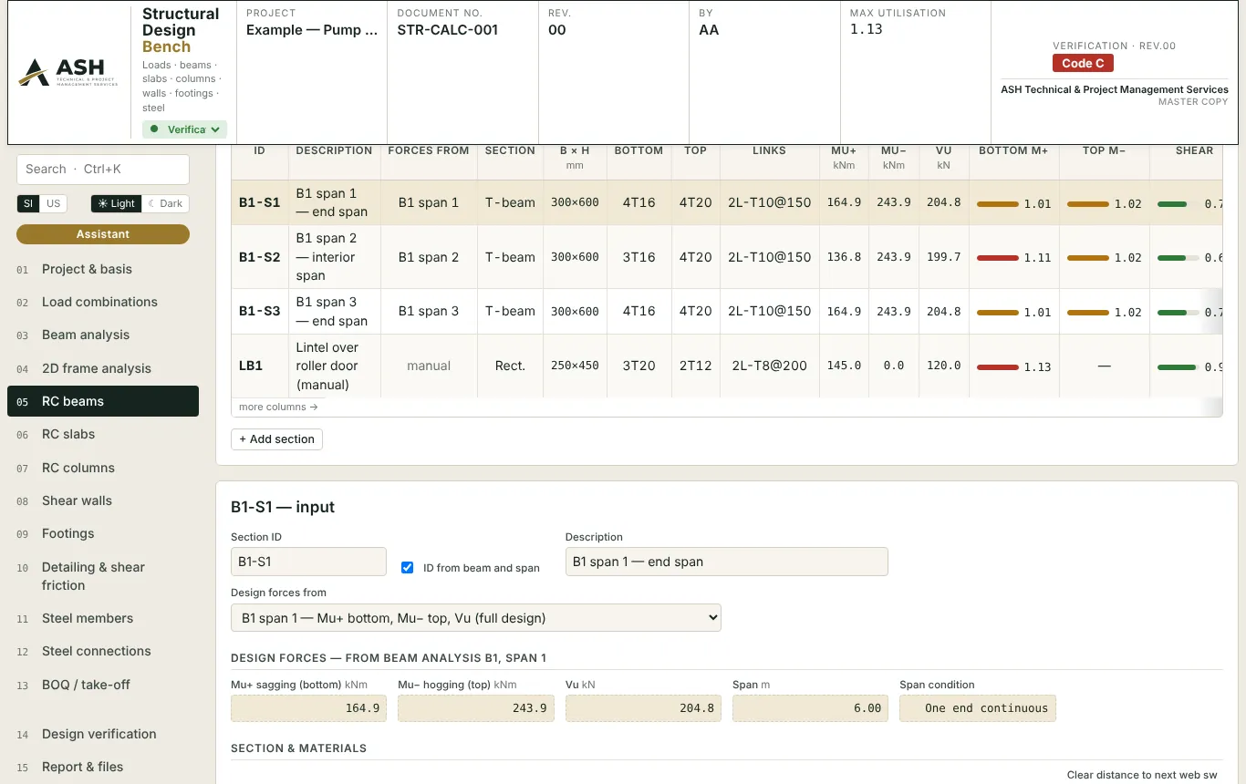 Structural Design Bench, RC beams page of the example project: RC beams — the calculation the review is checked against