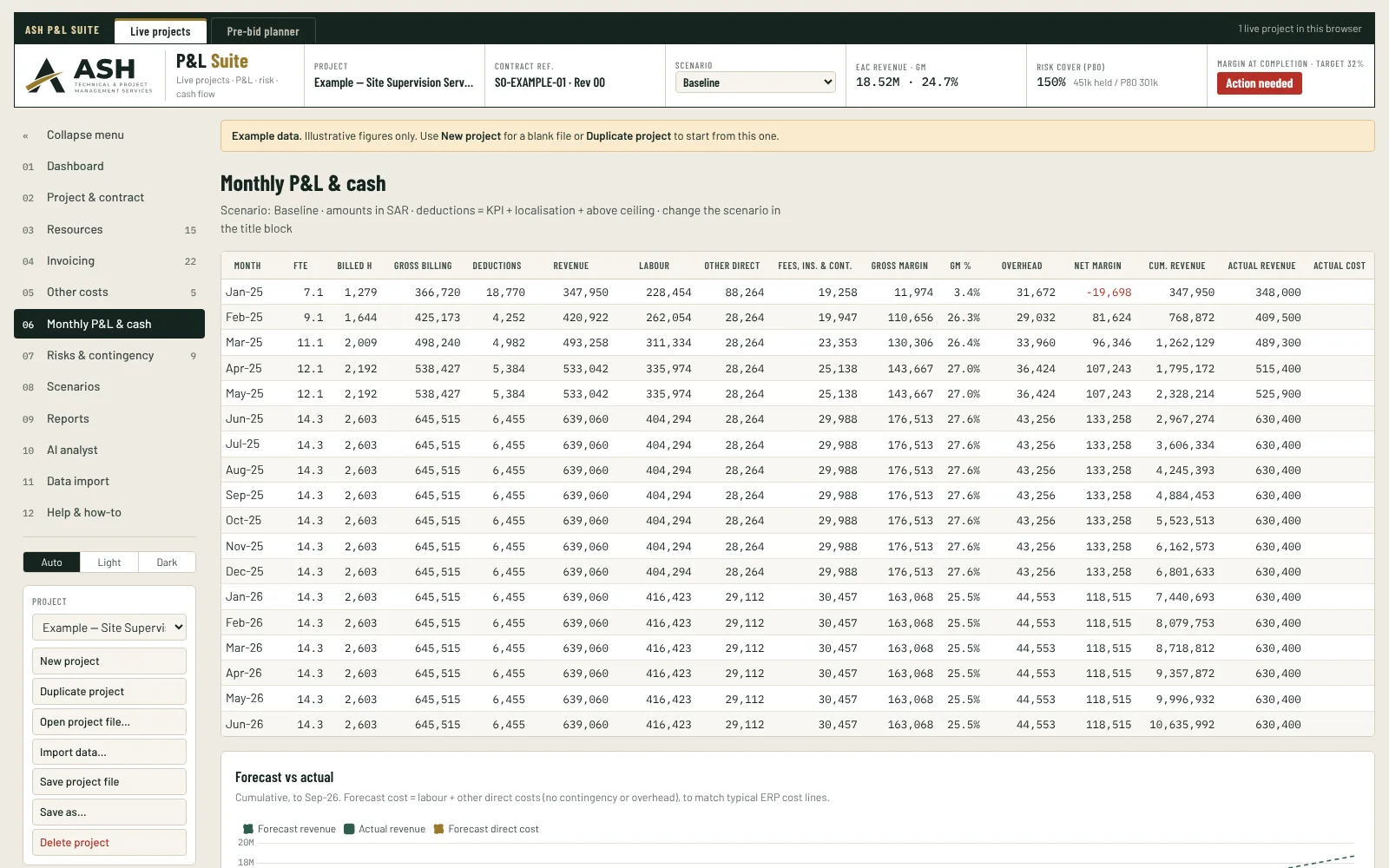 P&L Suite monthly P&L and cash page