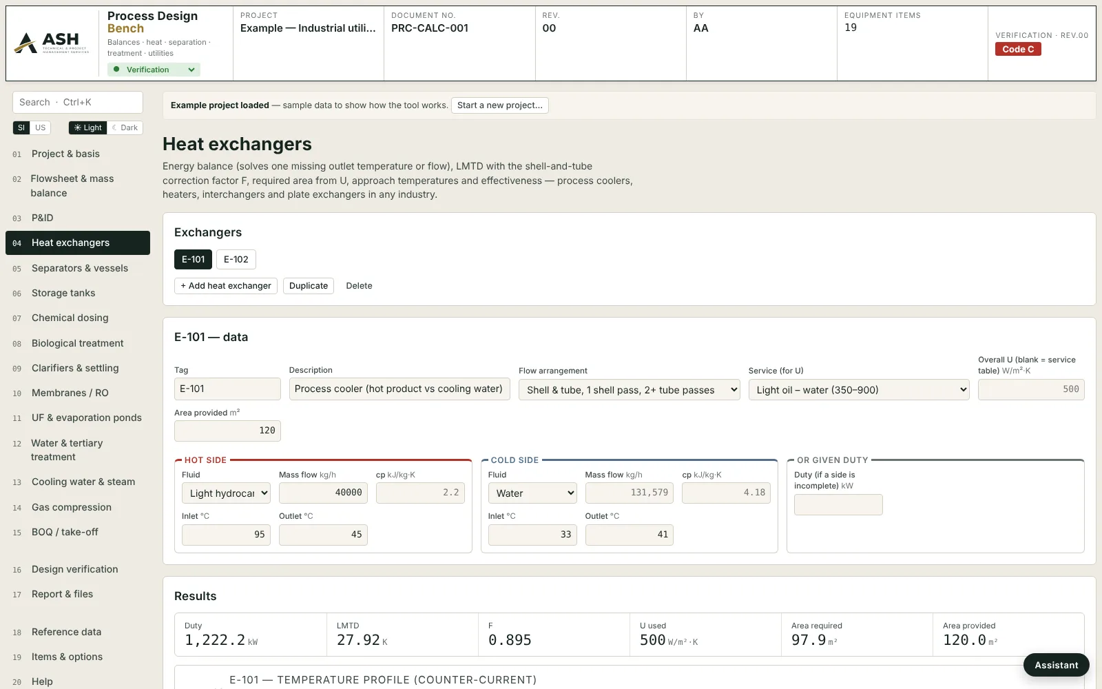 Process Design Bench, Heat exchangers page: hot and cold side data, flow arrangement, service U-value, duty, LMTD, correction factor and area required against area provided